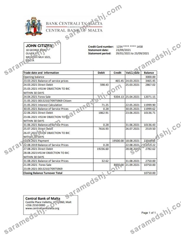Malta Central Bank of Malta bank statement easy to fill template in Excel and PDF format